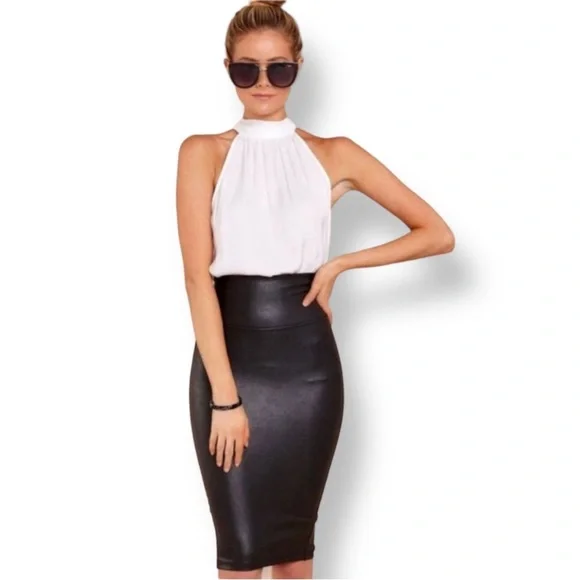 SPANX solid Black Pencil Skirt fitted tight slimming oil shine suit bottom sz M - Picture 1 of 10